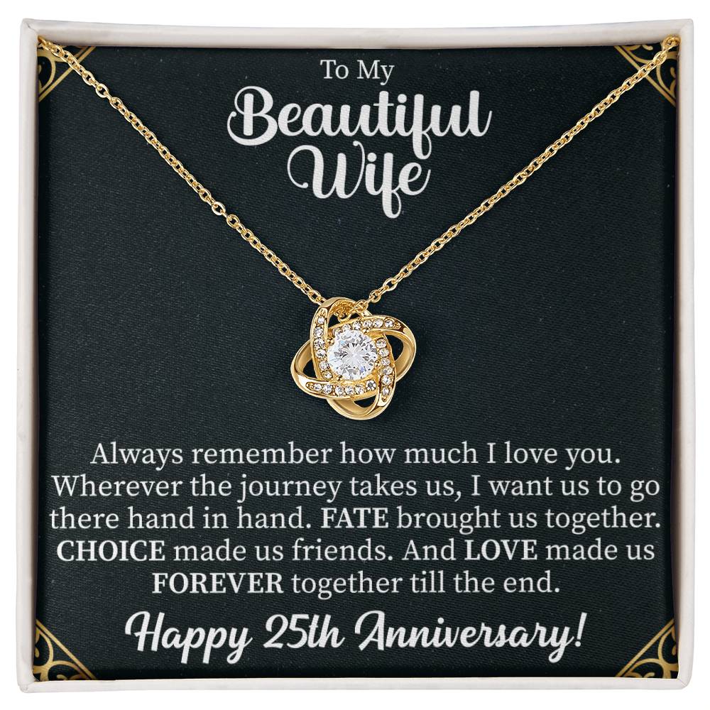 close up of a sparkling love knot necklace representing a strong marital bond